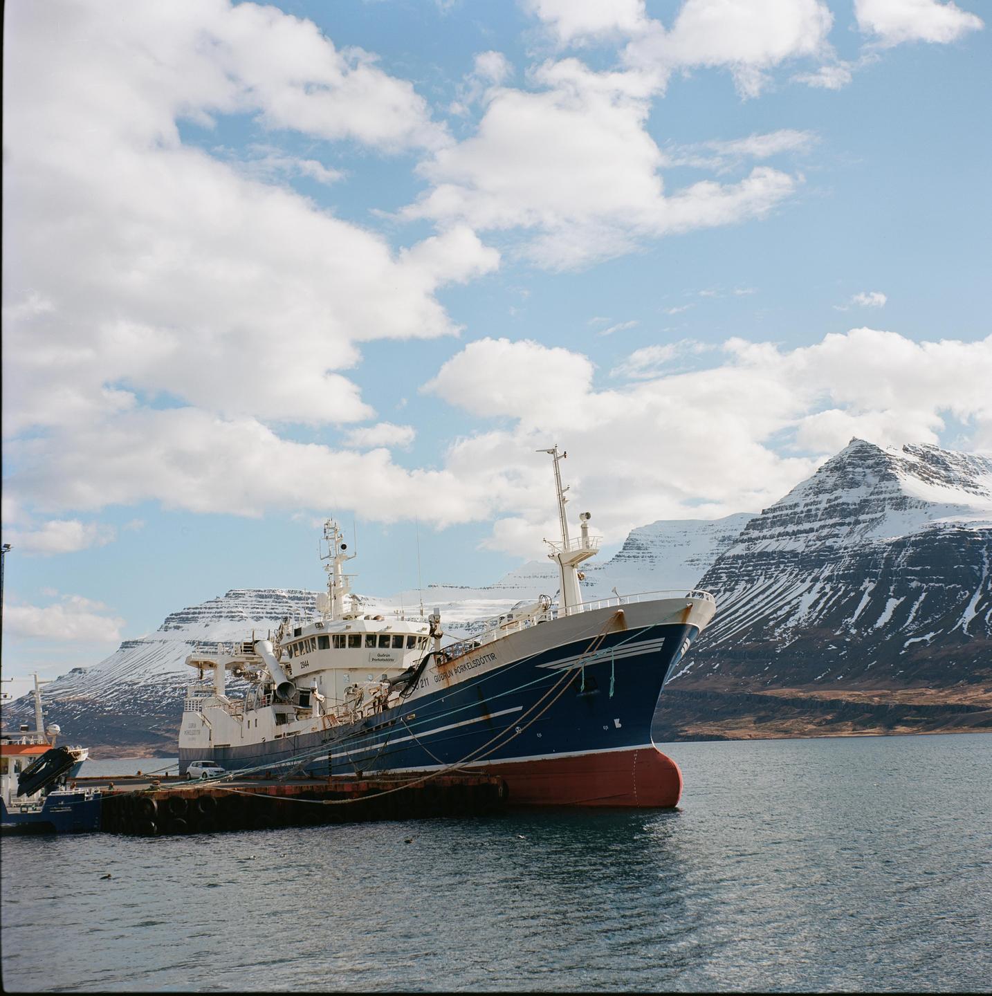 A large blue and white boat is docked in a harbor with snow-capped mountains in the background under a cloudy sky.