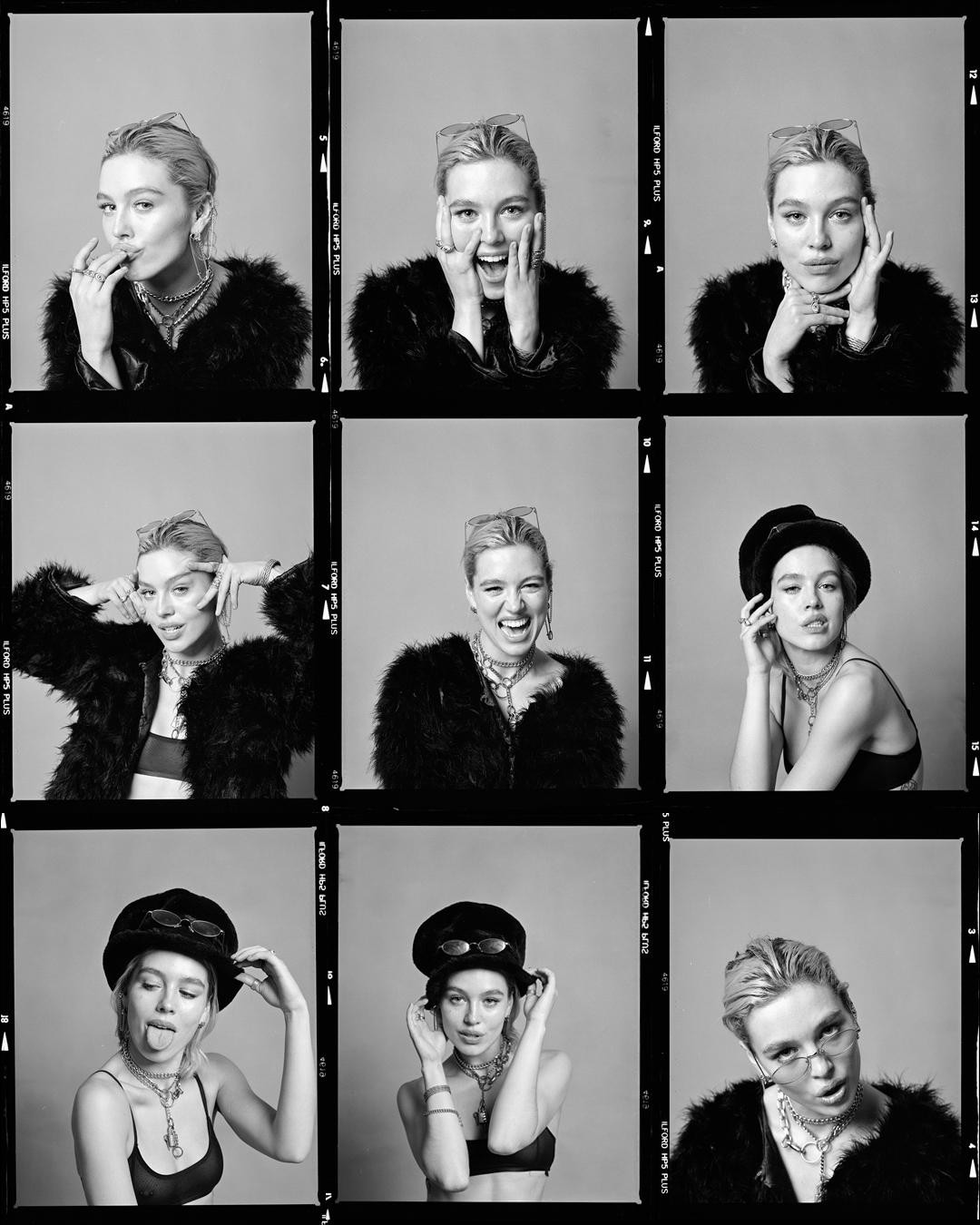 A contact sheet shows nine black and white portraits of a woman making various expressions.