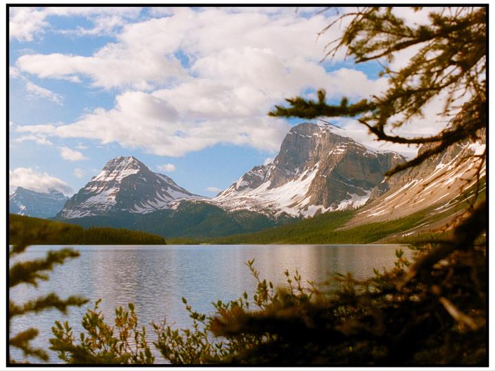 A lake reflects snow-capped mountains under a cloudy sky, framed by tree branches.