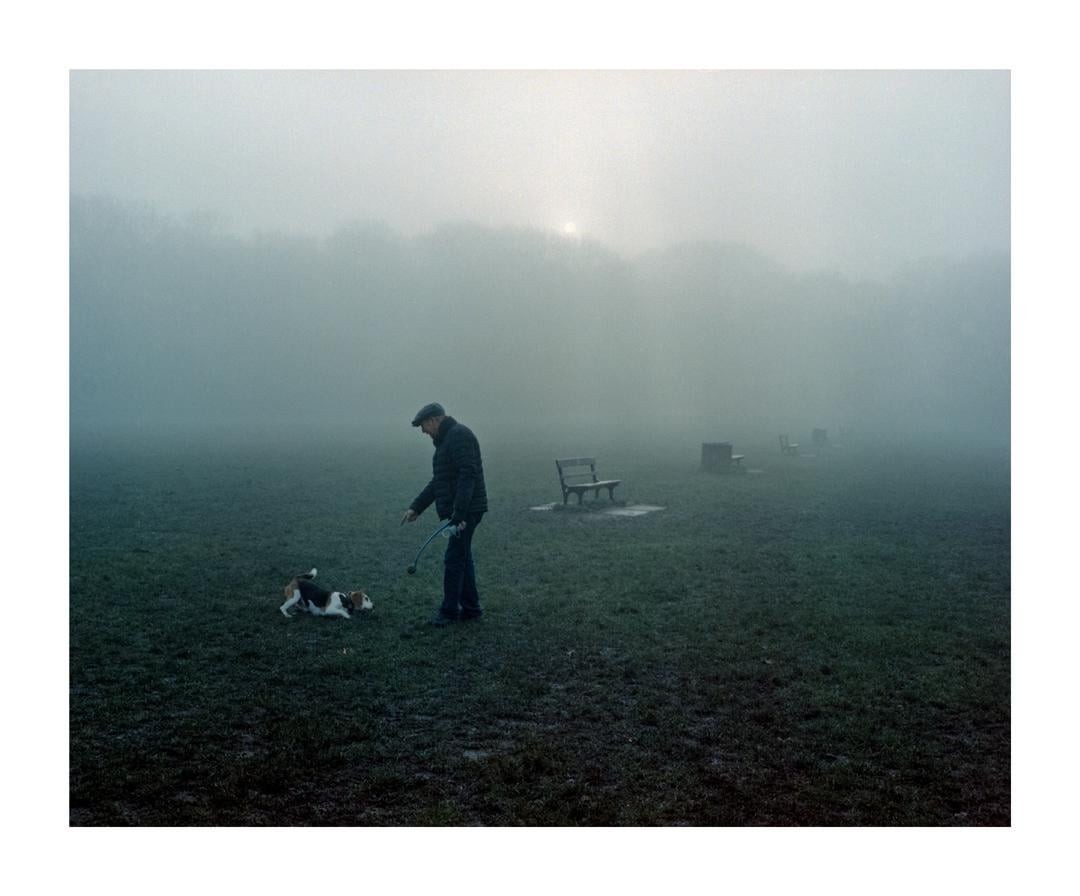 A man plays with a dog in a foggy park with benches in the background.