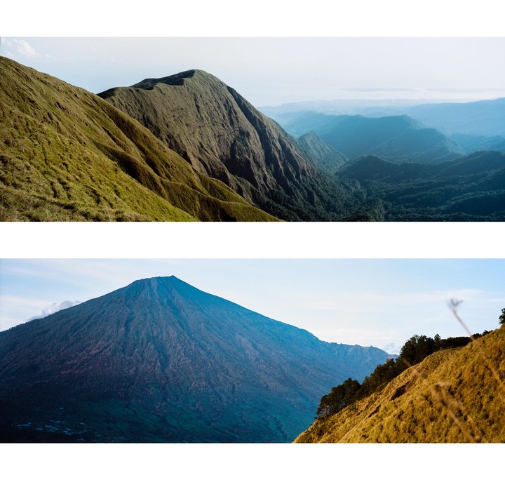 Two panoramic images show a mountain range with a large volcano in the bottom image.