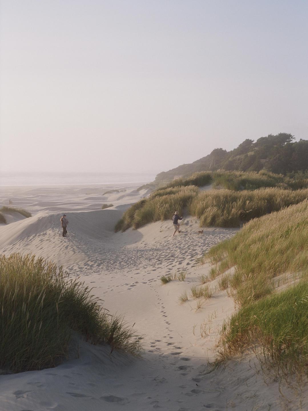 Two people walk on a sandy path between grassy dunes with the ocean in the background.