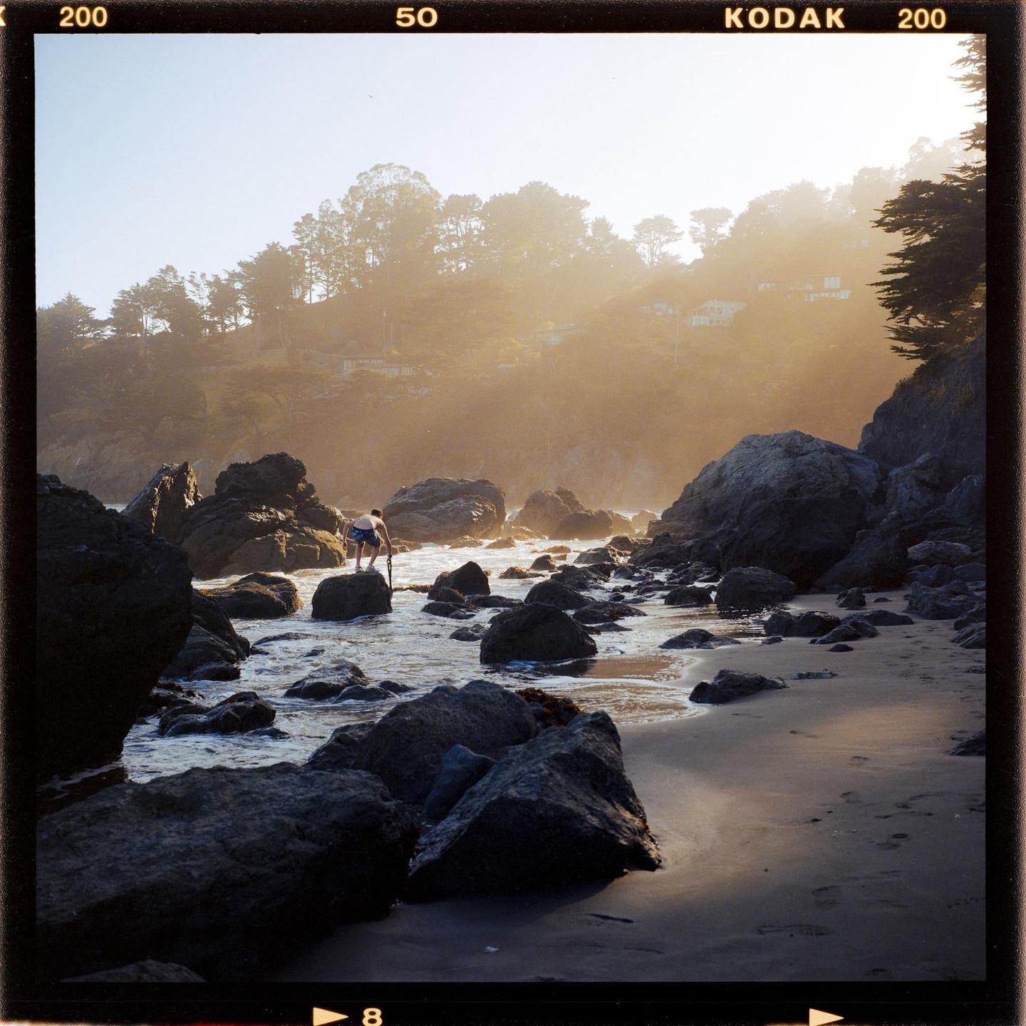 A man stands on a rock in the water at a rocky beach with a hazy, sunlit hillside in the background.