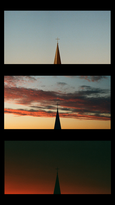 A church spire with a cross is shown in three different lighting conditions.
