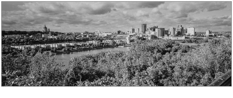 A panoramic view shows a city skyline with a river and trees in the foreground under a cloudy sky.