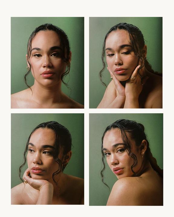 A woman with wet hair poses in four different ways against a green background.