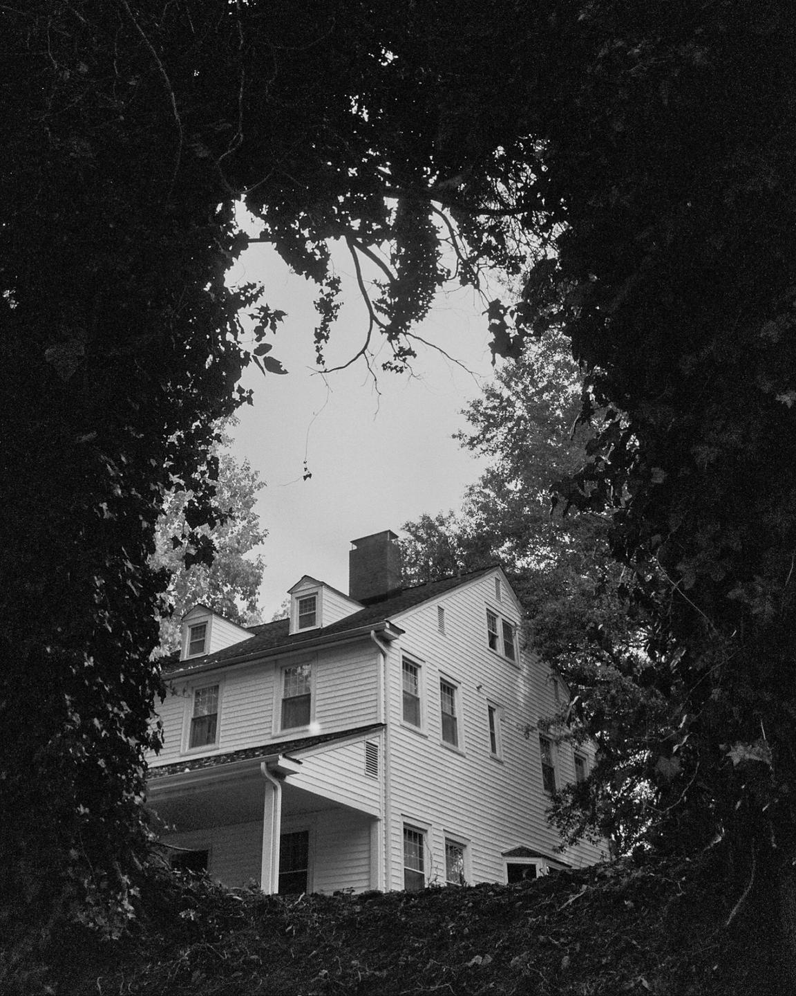 A white house with a porch and multiple windows is framed by dark foliage.