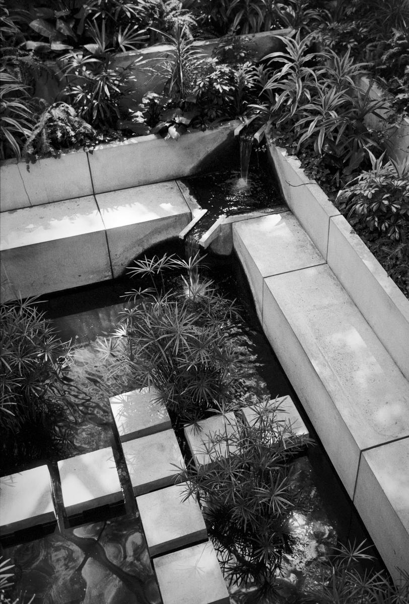 A small waterfall flows into a pond with stepping stones and plants.