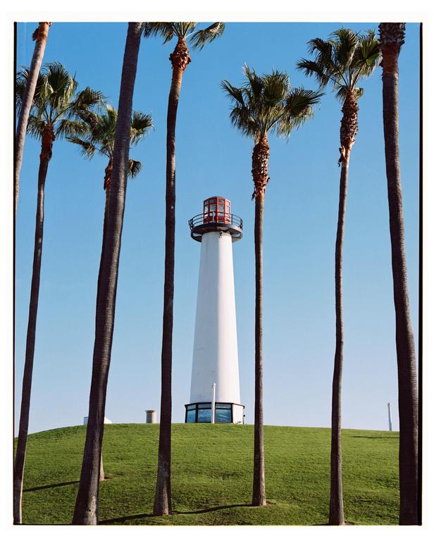 A white lighthouse with a red top stands on a grassy hill, framed by tall palm trees against a clear blue sky.