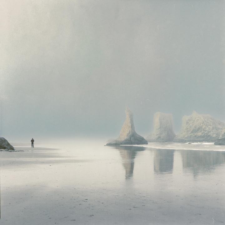 A person stands on a foggy beach with large rock formations in the water.