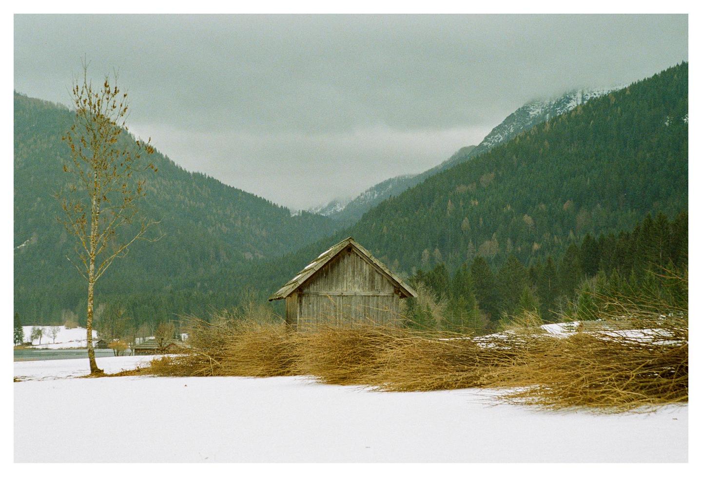 A wooden barn sits in a snowy field with mountains and a forest in the background.