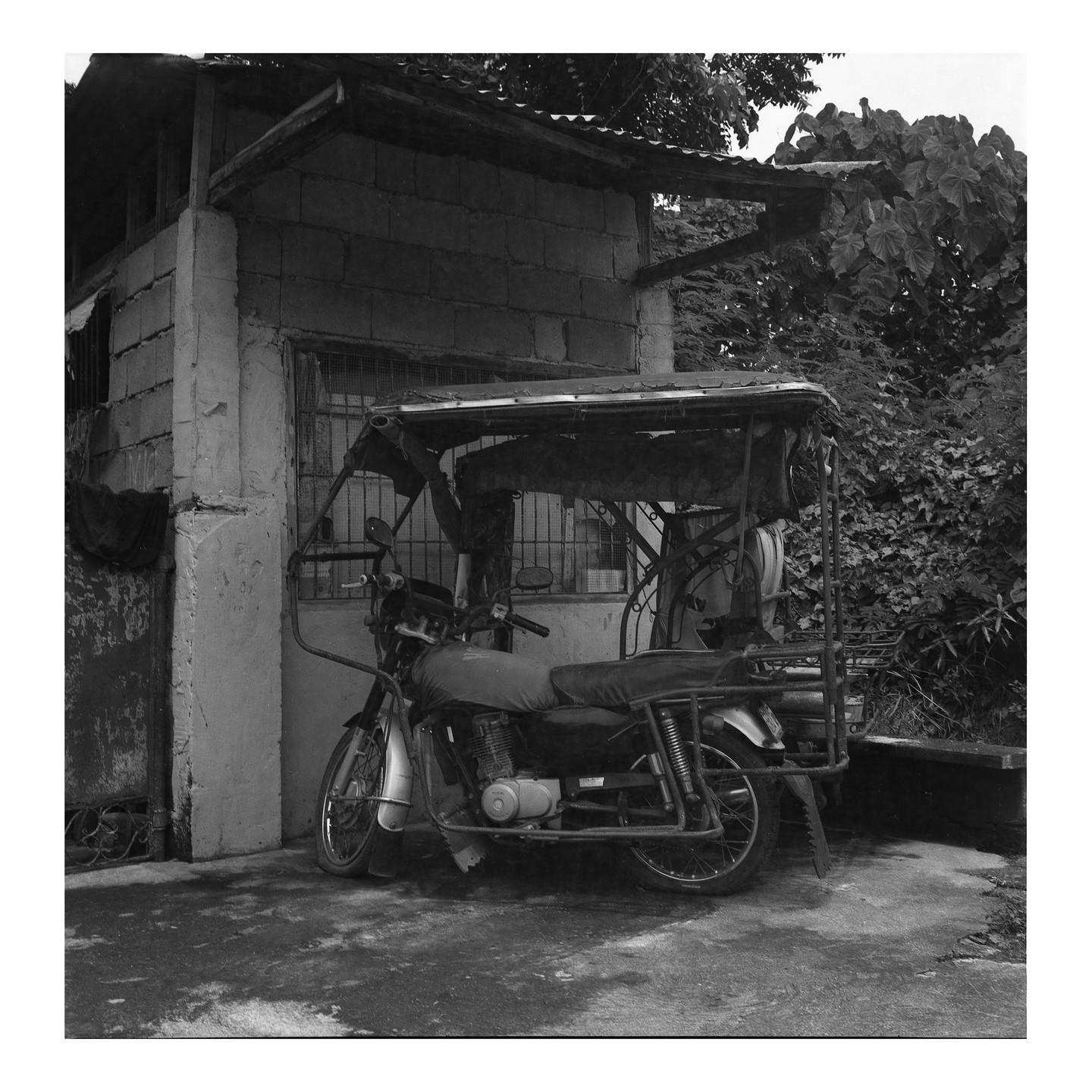 A motorcycle with a sidecar is parked next to a building with lush foliage in the background.