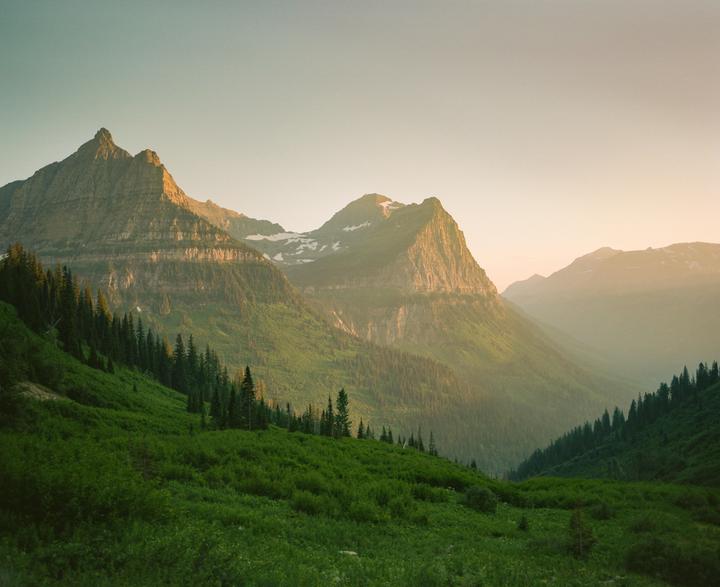 A mountain valley with evergreen trees and green foliage is illuminated by the setting sun.