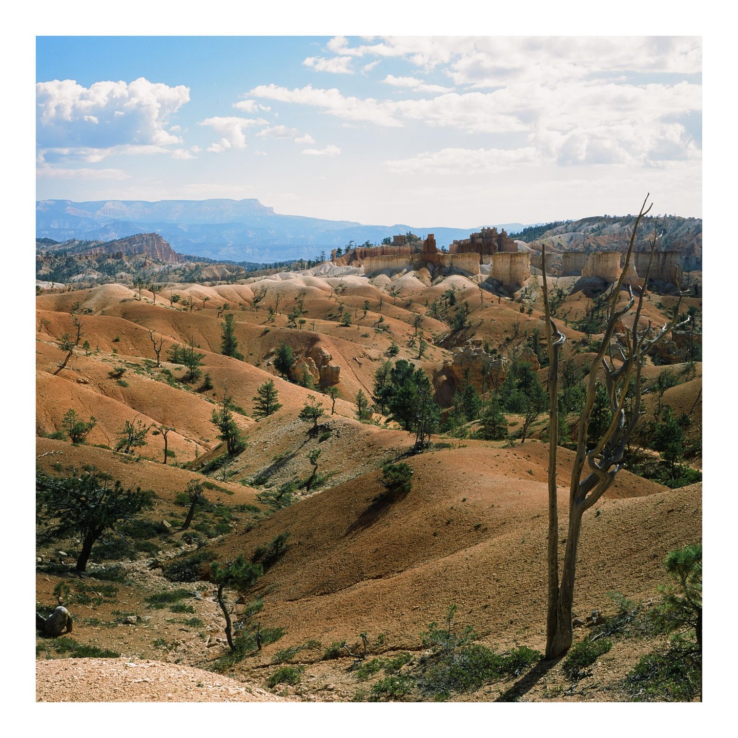 A vast landscape of rolling hills and rock formations is visible under a partly cloudy sky.