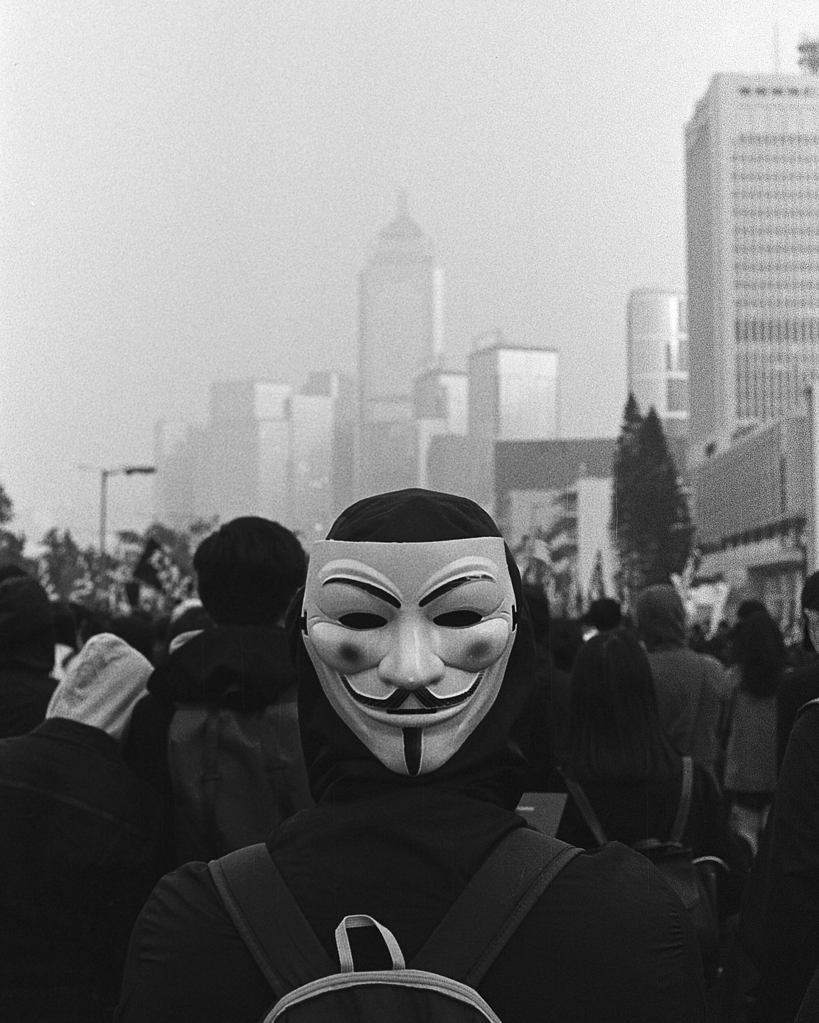 A person wearing a Guy Fawkes mask stands in a crowd with a hazy city skyline in the background.