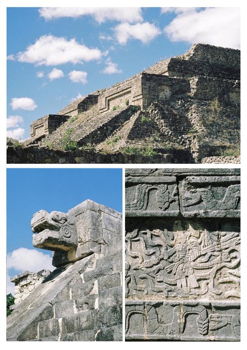 Three images show details of a pre-Columbian pyramid, including a stone serpent head and carved reliefs.