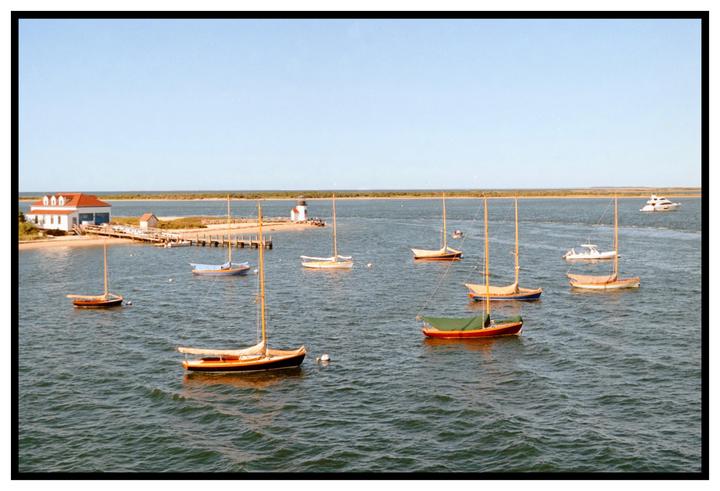 Numerous sailboats are moored in a calm body of water with a small building and lighthouse visible on the distant shore.