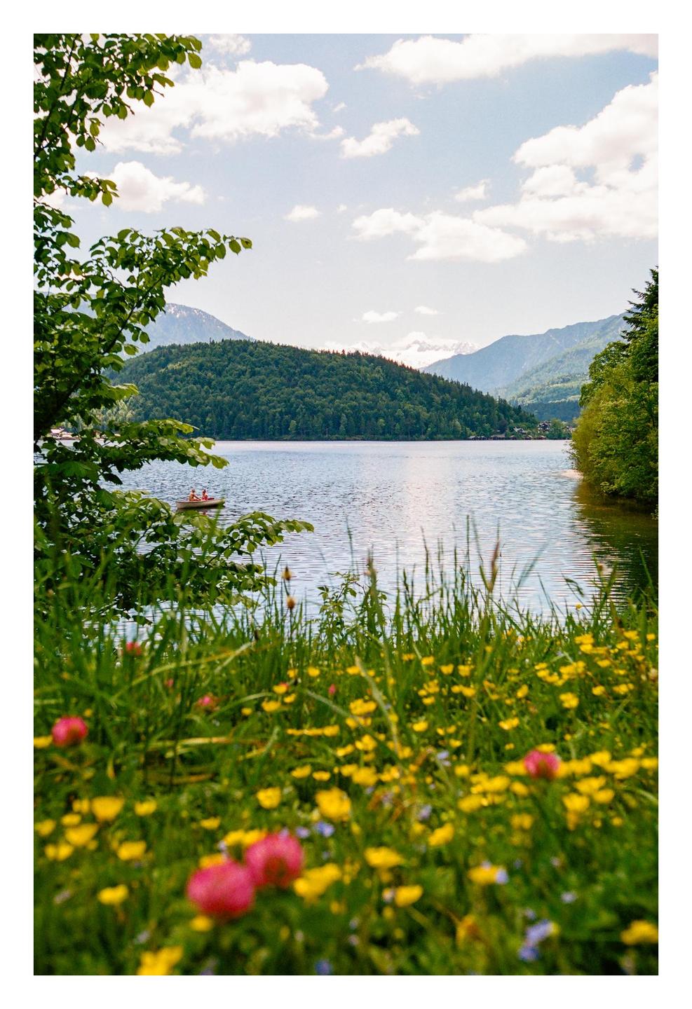 A lake is surrounded by mountains and trees, with a small boat on the water and wildflowers in the foreground.