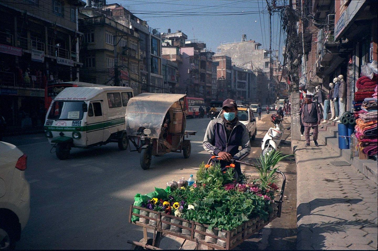 A man wearing a face mask pushes a cart full of plants and flowers down a busy street in Kathmandu.