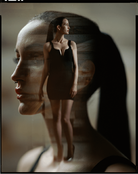 A woman in a black dress is superimposed over a close-up profile of a woman's face.