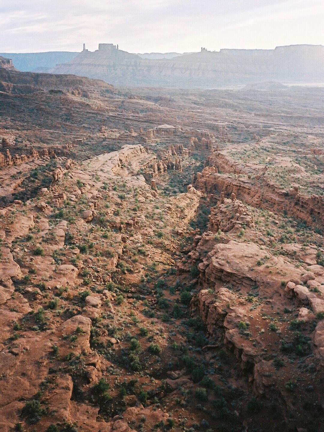 A vast desert landscape features red rock formations and sparse green vegetation under a hazy sky.