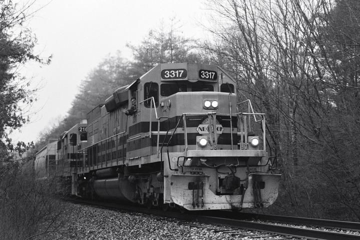 A man waves from the window of a train moving on a track through a forest of bare trees.
