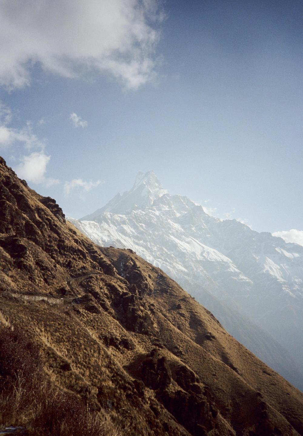 A snow-capped mountain peak rises above a grassy hillside under a blue sky with clouds.