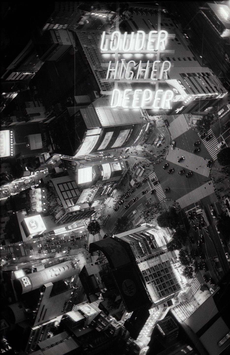 An aerial view of a city intersection at night shows buildings, cars, and pedestrians, with a neon sign reading "LOUDER HIGHER DEEPER" in a double exposure.