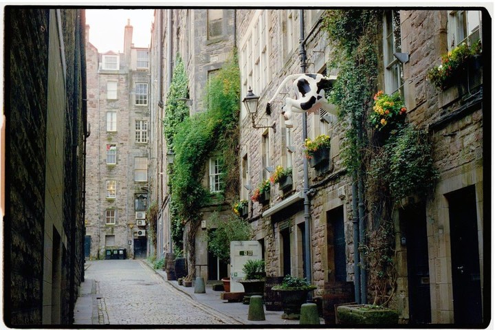 A narrow cobblestone street is lined with old stone buildings, some covered in ivy and adorned with flower boxes, under a bright sky.