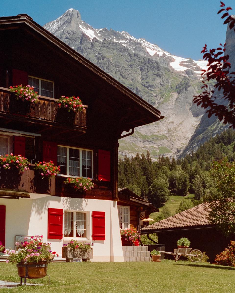 A traditional wooden house with red shutters and flower boxes stands in a green yard with a snow-capped mountain in the background.
