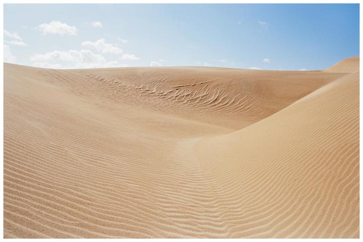 Sand dunes with ripples and a blue sky with clouds are visible in a desert landscape.