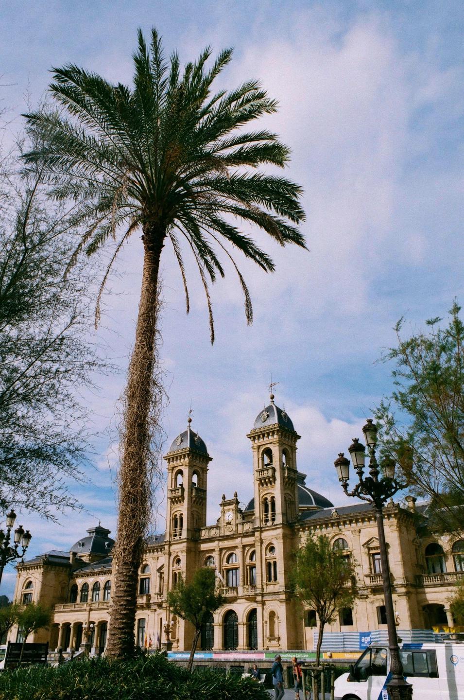 A tall palm tree stands in front of a large, ornate building with two prominent towers under a partly cloudy sky.