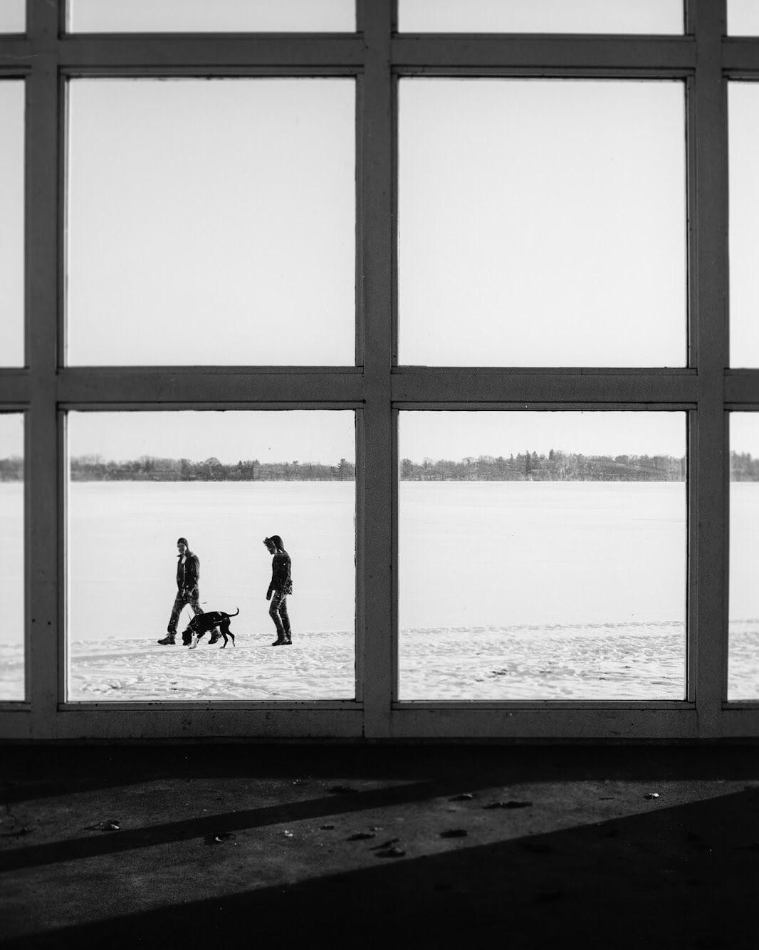 A man, a woman, and a dog walk on a snowy field as seen through a window.
