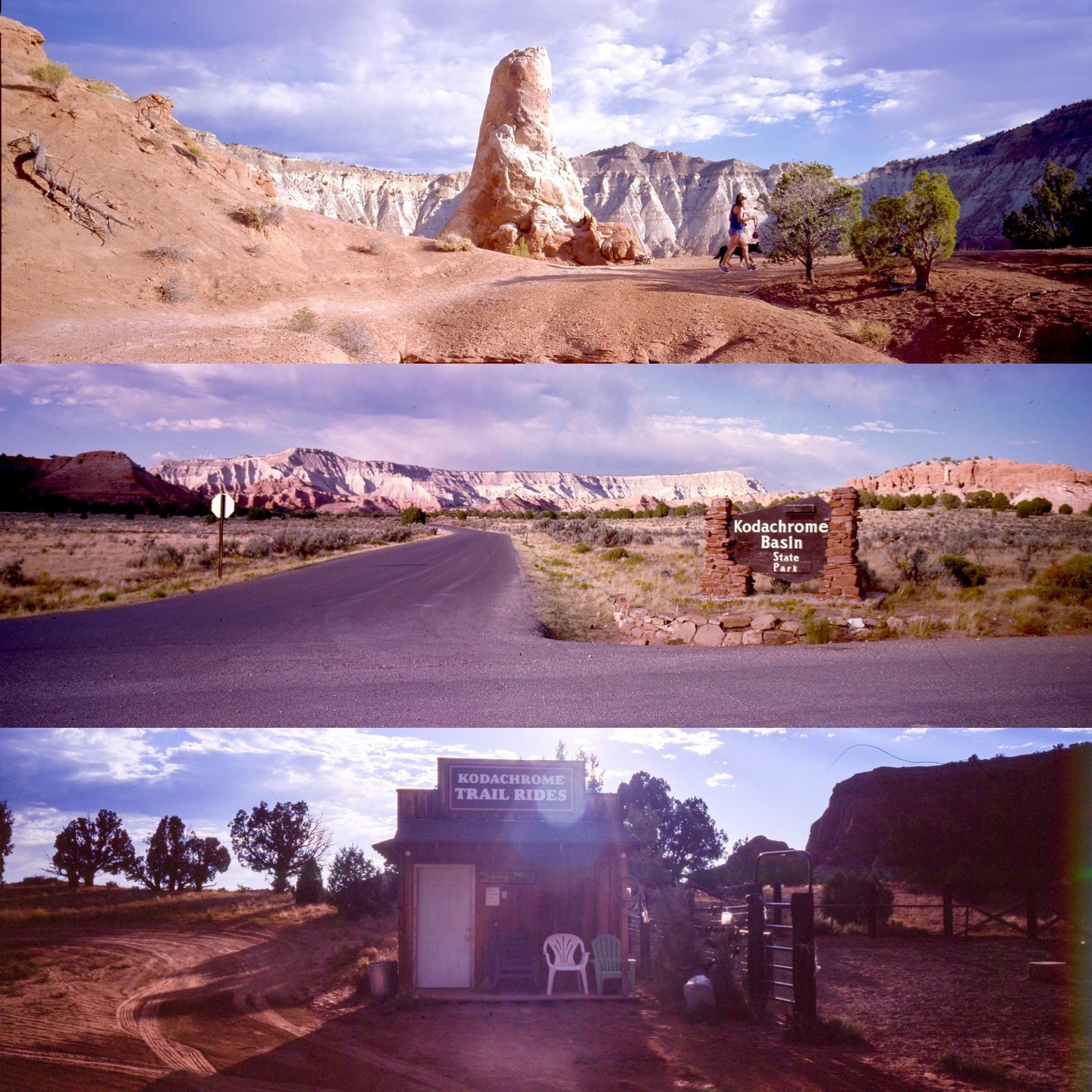 Three panoramic landscape photographs are stacked vertically, showing a desert environment with rock formations, a road leading to a state park sign, and a building with a "Kodachrome Trail Rides" sign.