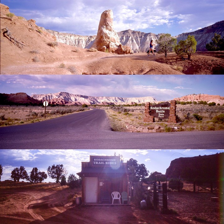 Three panoramic landscape photographs are stacked vertically, showing a desert environment with rock formations, a road leading to a state park sign, and a building with a "Kodachrome Trail Rides" sign.