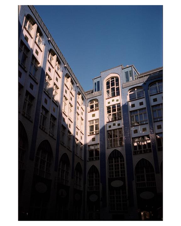 Sunlight illuminates the upper floors of a blue and white brick building with many windows.
