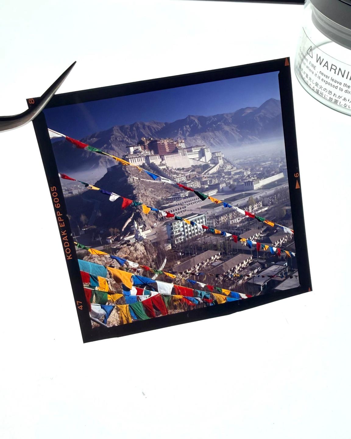 A city with a large palace on a hill is covered in prayer flags with mountains in the background.