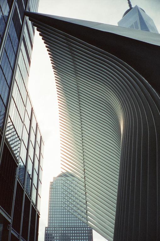 A low-angle view shows the Oculus building and other skyscrapers in New York.
