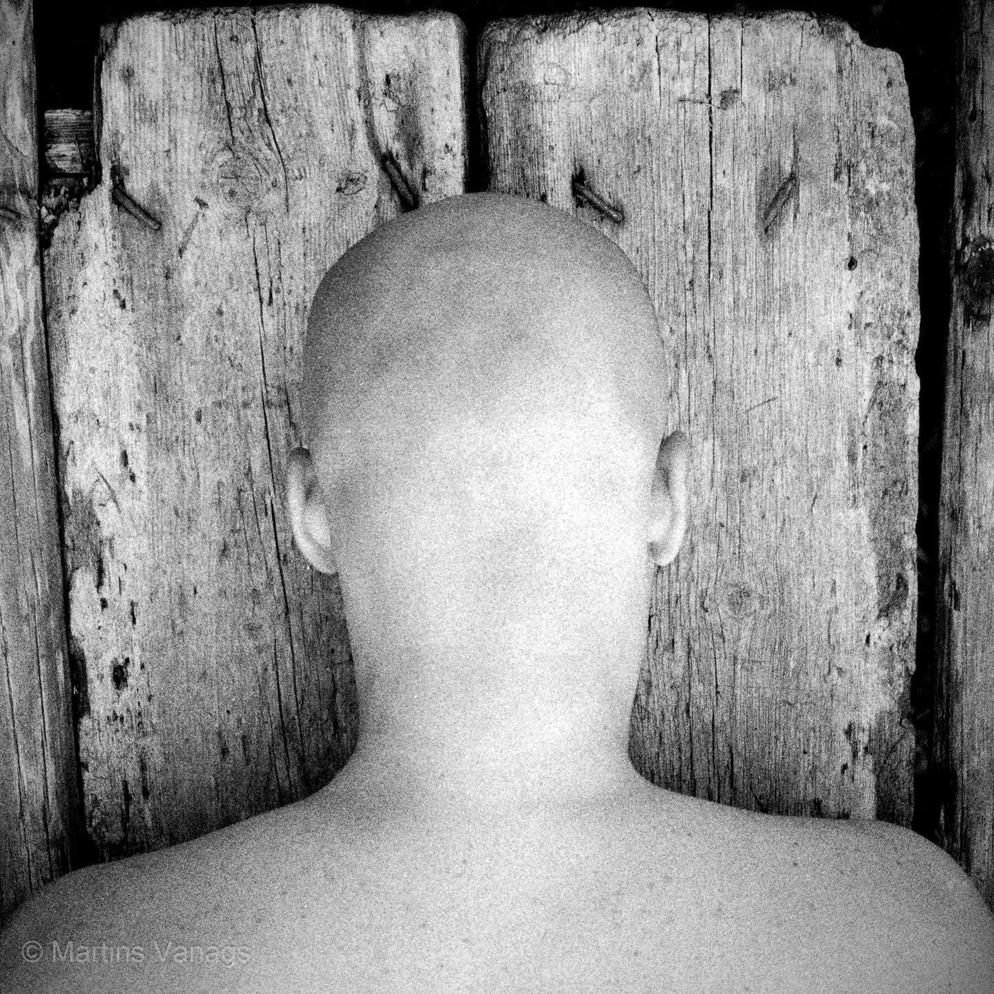 A person with a shaved head is seen from behind, facing a wooden wall with exposed nails.