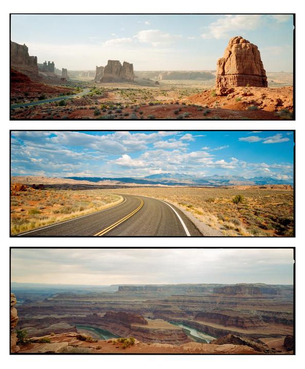 Three landscape photographs show different views of Utah's desert and canyons.