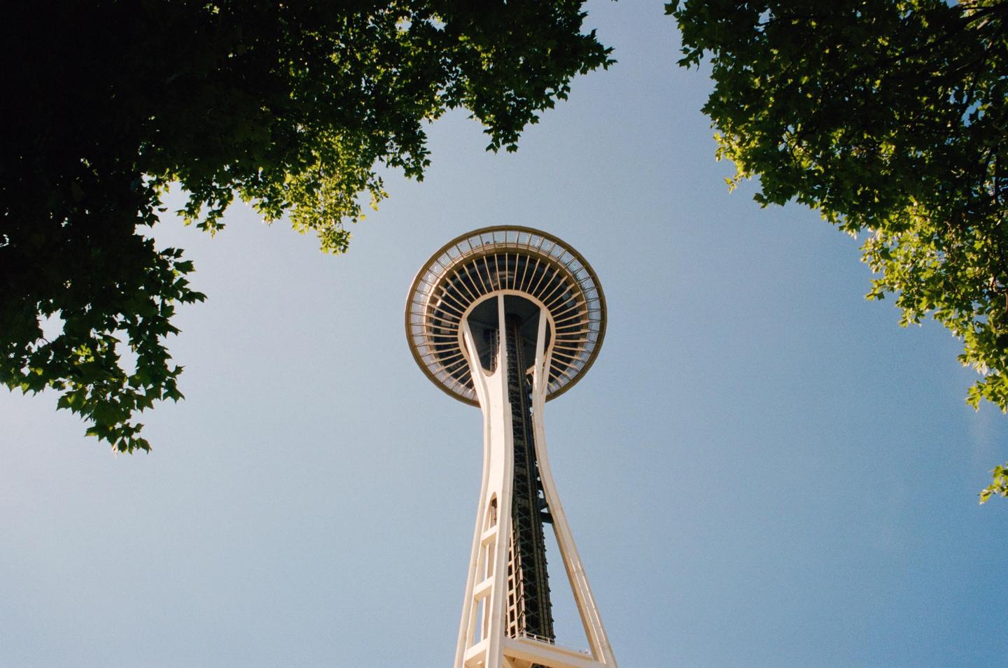 The Space Needle is visible from below, framed by green tree leaves against a clear blue sky.