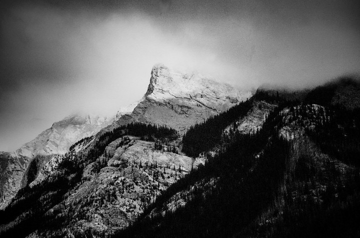 A mountain peak is partially obscured by clouds, with dark evergreen trees covering its lower slopes.