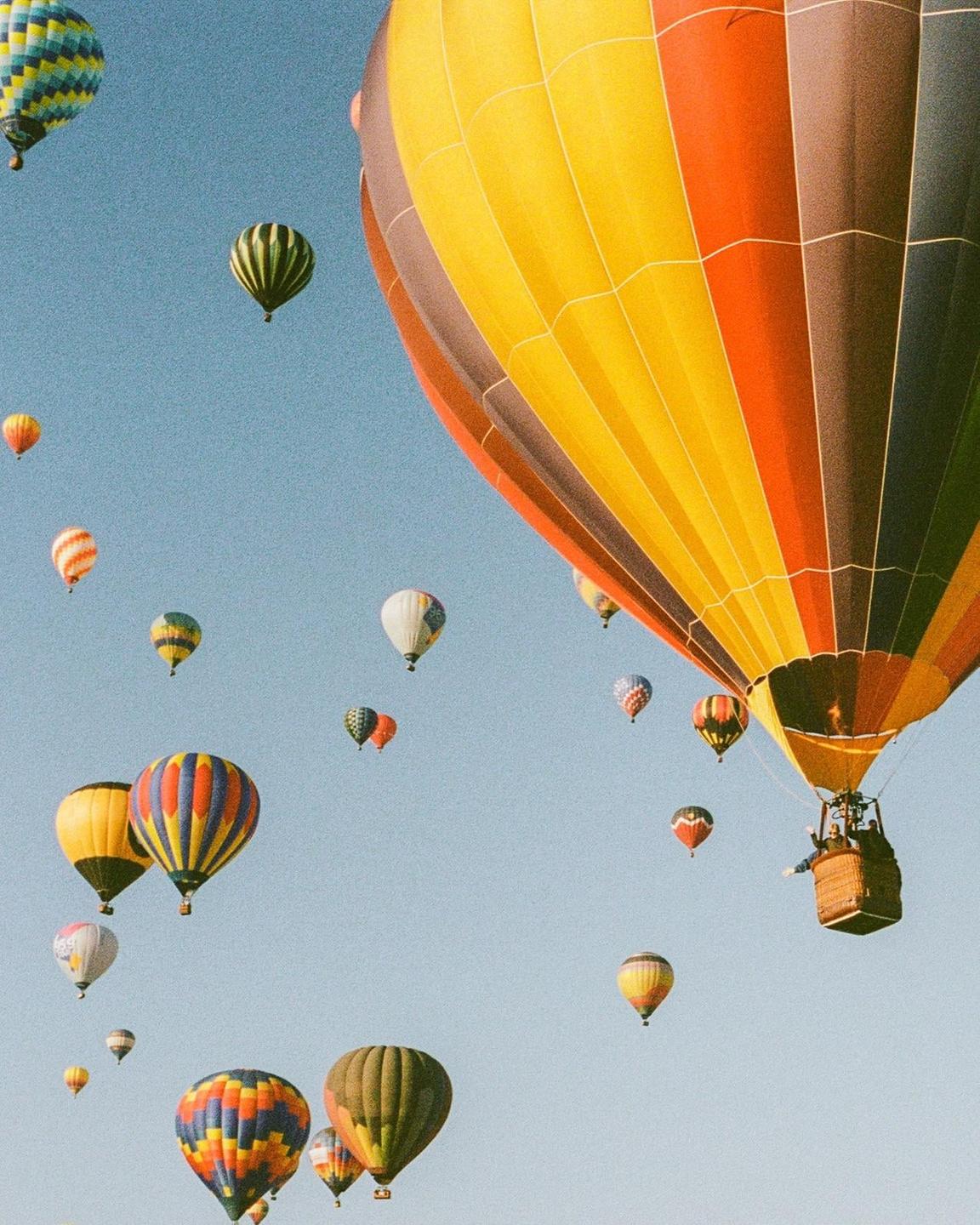 Many hot air balloons of various colors and patterns float in a clear blue sky, with one large balloon in the foreground carrying people in its basket.