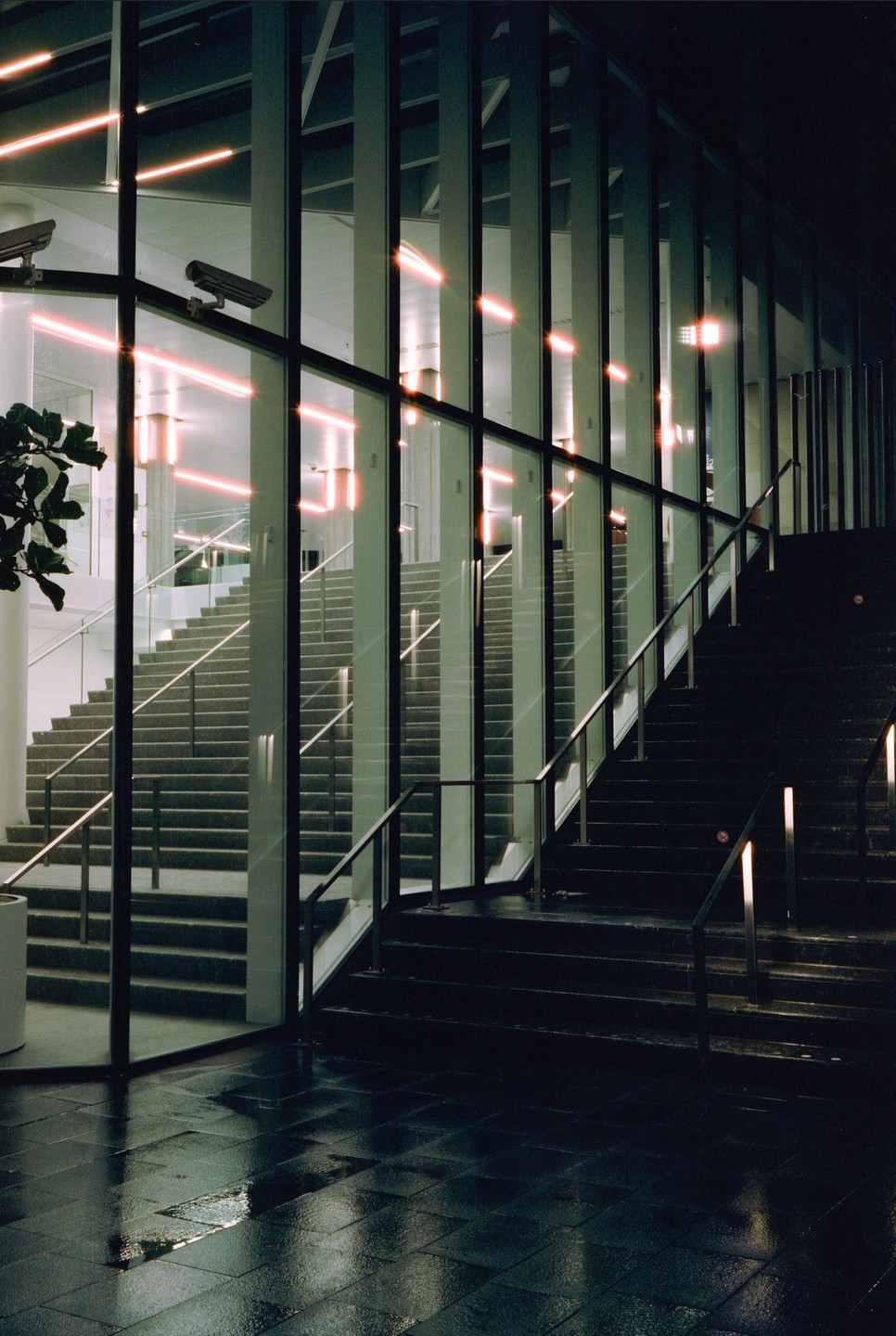 A modern building with glass walls and multiple staircases is illuminated by neon lights at night.