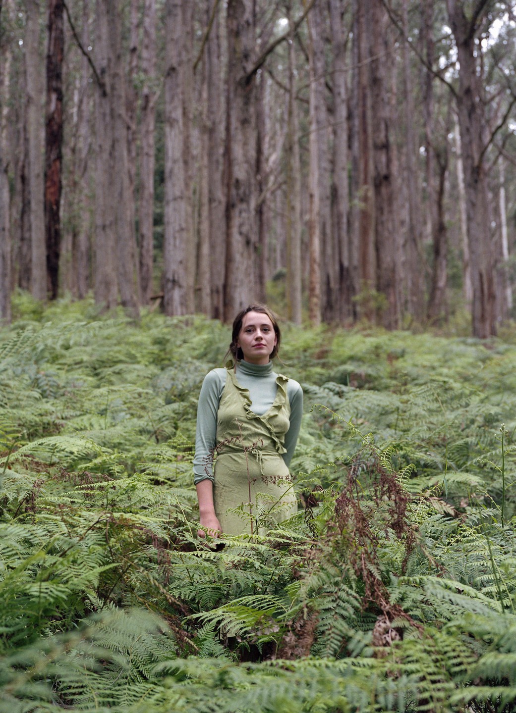 A woman stands in a dense fern field with tall trees in the background.