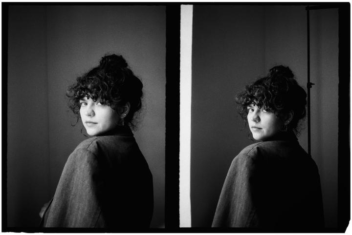 A woman with curly hair looks over her shoulder in a split image.