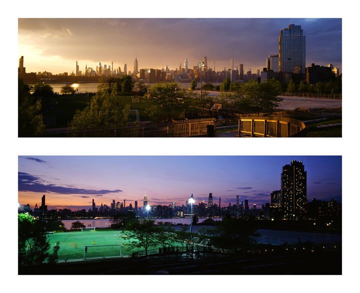 Two panoramic images show the New York City skyline and a park with a soccer field, one at sunset and one at night.