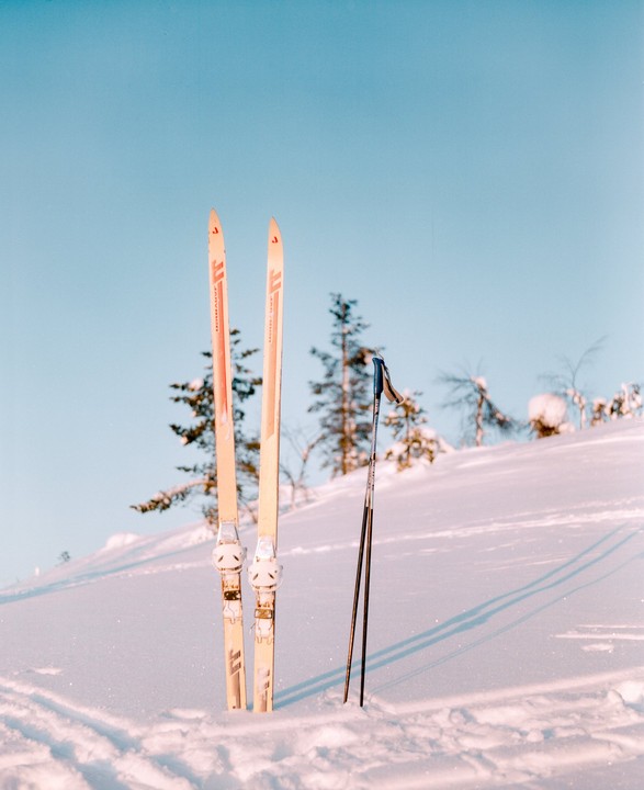 Two skis and two ski poles stand upright in the snow on a sunny day.