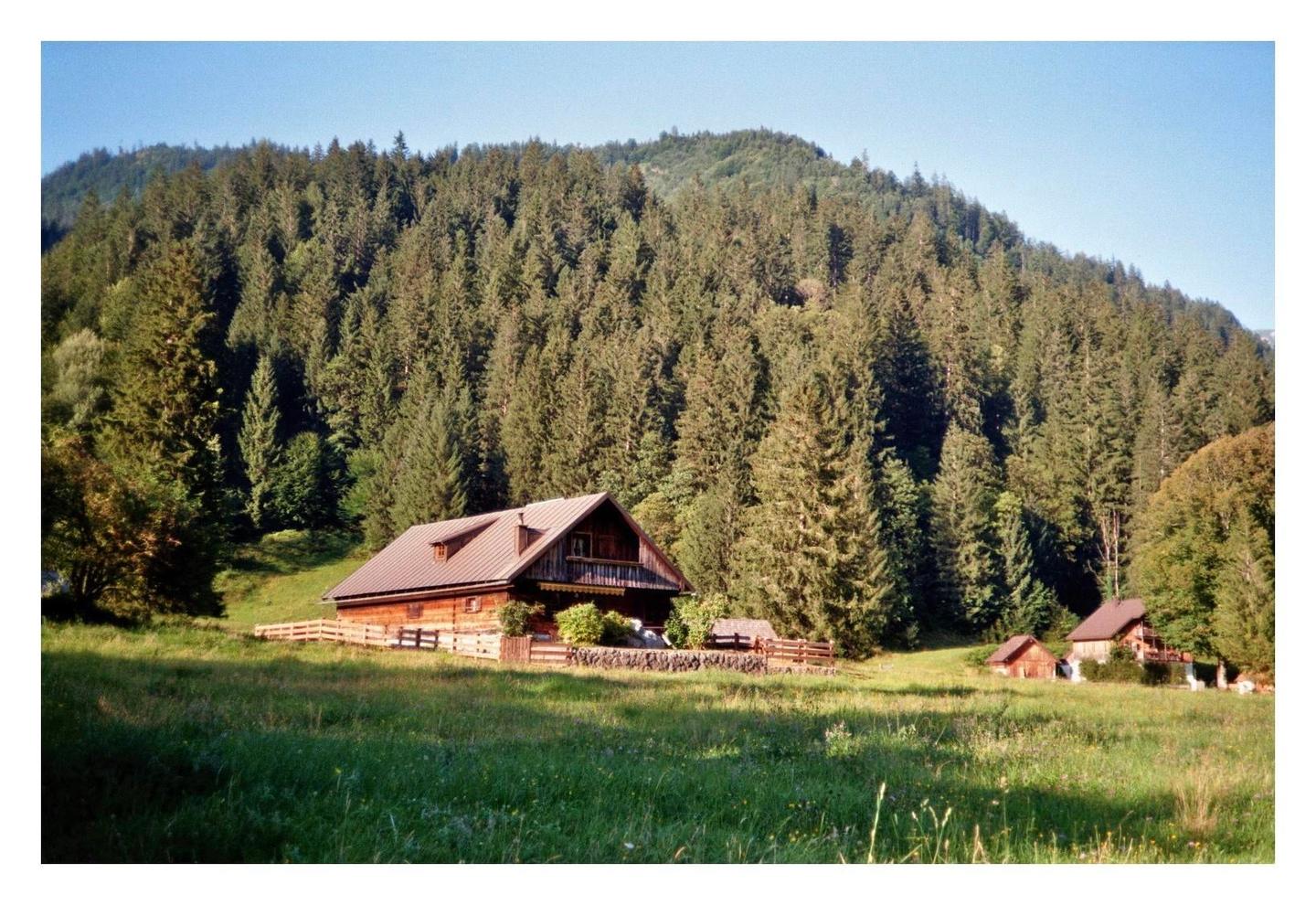 A wooden house with a fence sits in a grassy field at the base of a large, tree-covered hill.