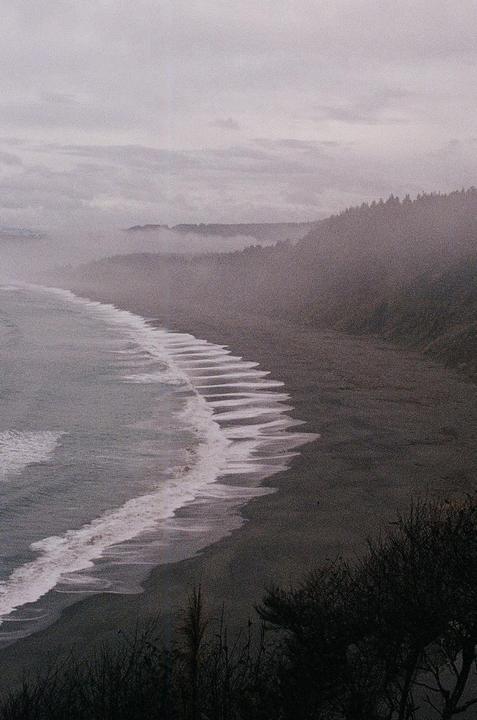 A long stretch of beach with waves breaking on the shore is visible from a high vantage point, with a forested hillside in the background under a hazy sky.
